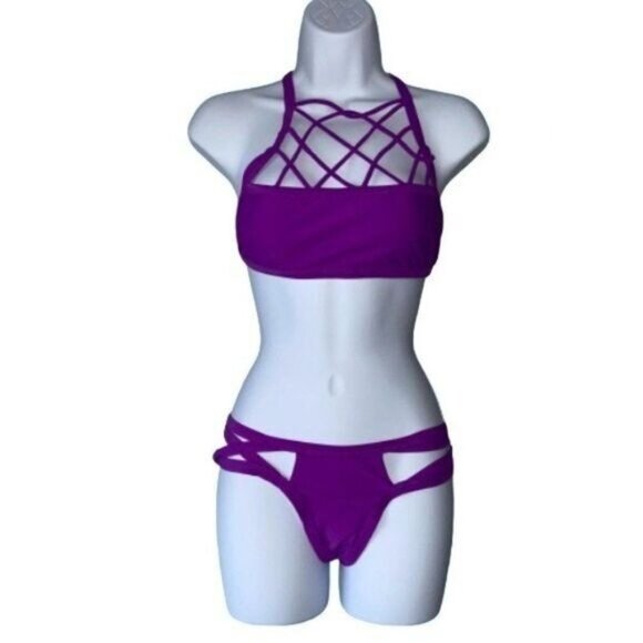 Halter neck Criss-Cross Front Bralette Top Bikini Women's‎ Strap Side Bottom - Picture 1 of 6